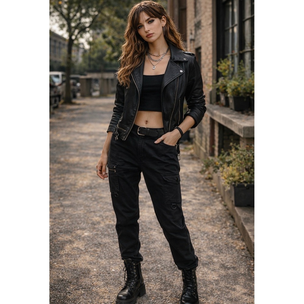 Killstar Black Cargo Pants Gothic Punk D-Ring Zipper Detail Slim Fit Women XL. O